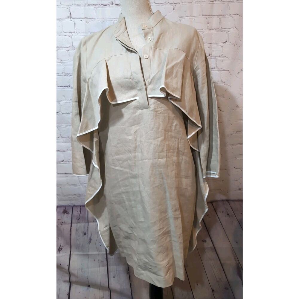 Socapri Italian Linen Tunic Dress Beige Ruffle Front 100% Flax Size 42 Luxury